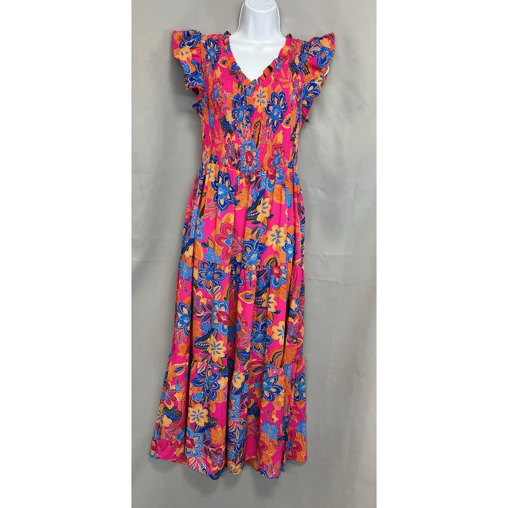 Women's Floral Layered Ruffle Multicolor‎ Midi Dress Sz Medium